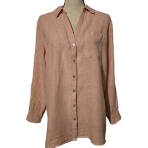 Womens Top-SIGRID OLSEN-Salmon Linen Button-up Hi-low Roll Tab Beach Coastal-LG